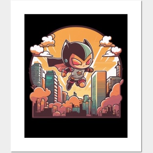 Hero - Cute Kawaii Hero, Flying Above The City Posters and Art